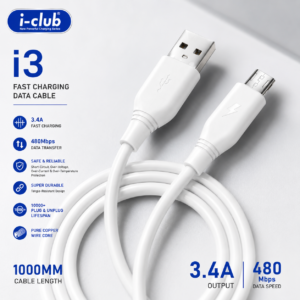 i-Club i3 3.4A Fast Charging Micro USB Cable (1 Meter) - High-Speed 480Mbps Data Sync for Android