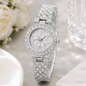 Luxury Floral Crystal Quartz Wrist Watch for Women – Rhinestone Bracelet Analog Fashion Wristwatch for Daily Wear, Party & Gift