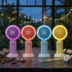 Mini Portable Hand Fan With Led Light Rechargeable Compact Design For Indoor Outdoor Cooling And Lighting